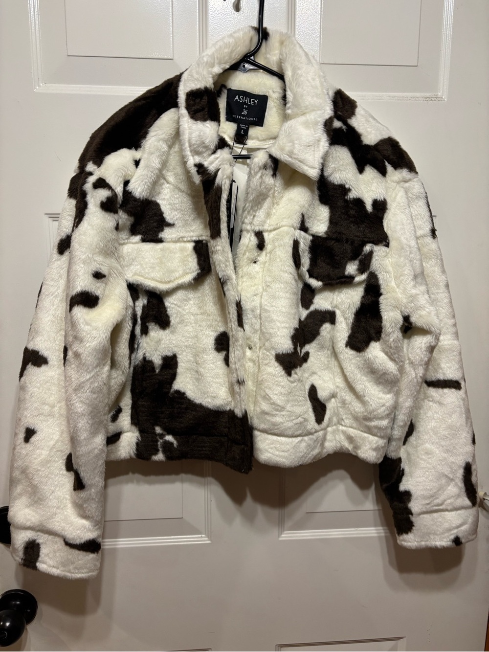 Ashley By 26 International Large Cream and Brown Faux Fur Cow-Print Pea Coat NWT